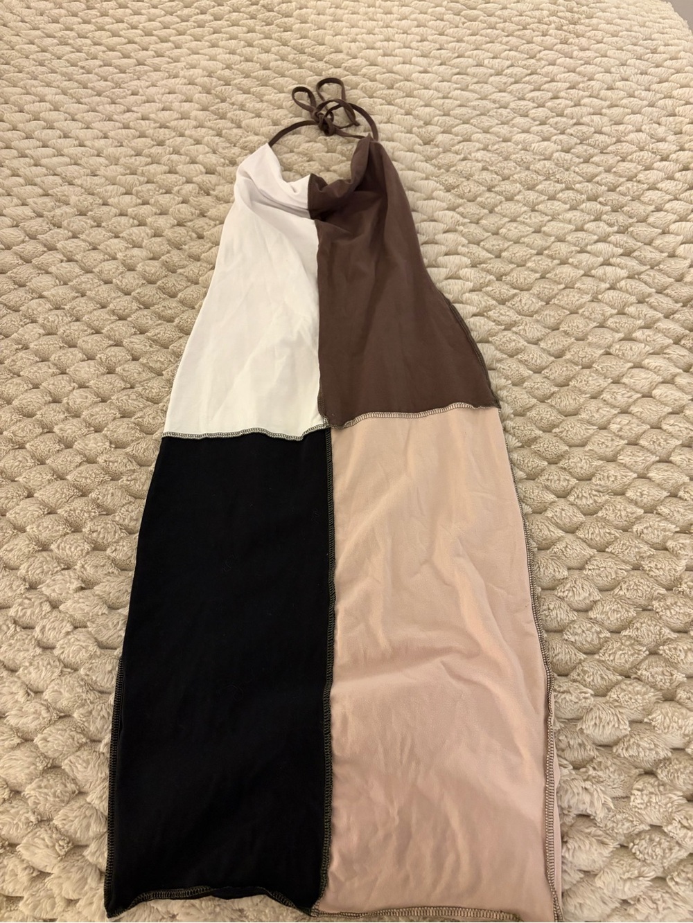PrettyLittleThing Colorblock Halter Midi Dress in Black, White, Brown, Beige